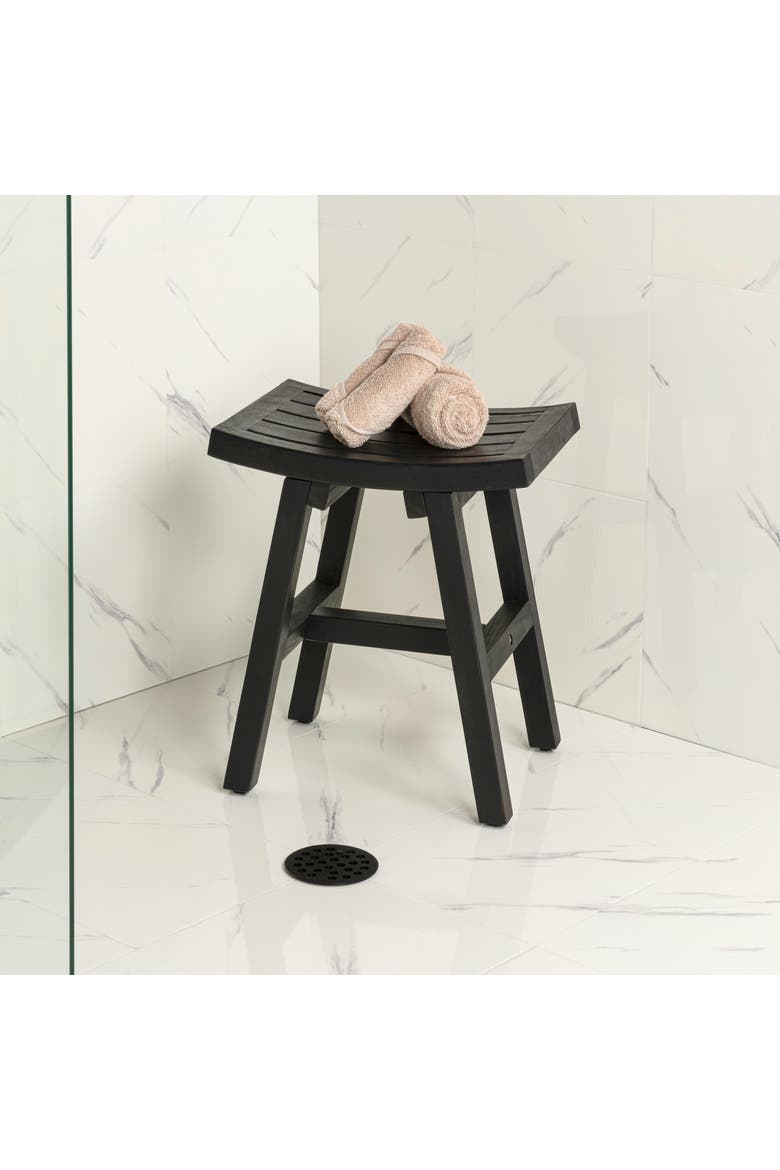 Tamlyn Modern Solid Acacia Wood Shower Stool, Water-Resistant Slatted Spa Bath Seat Shaving Bench for Bathroom or Indoor/Outdoor, Alternate, color, Black