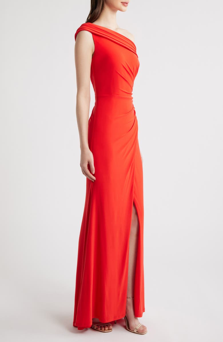 Eliza J Draped One-Shoulder Gown, Alternate, color, Poppy
