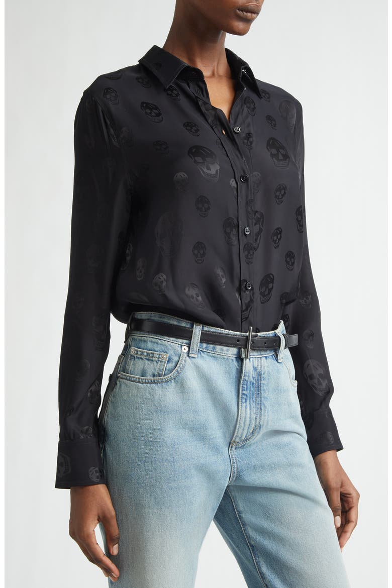 Slim Fit Skull Print Crêpe de Chine Button-Up Shirt, Alternate, color, BLACK