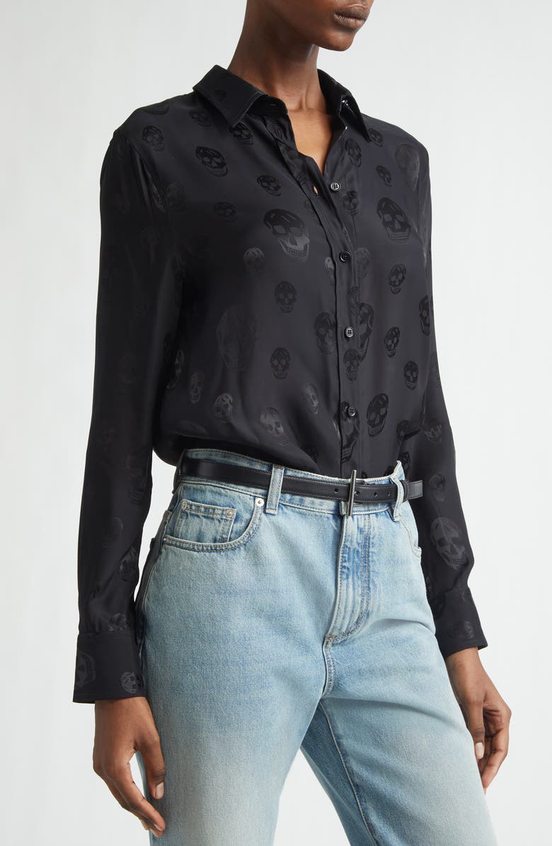 McQueen Slim Fit Skull Print Crêpe de Chine Button-Up Shirt, Alternate, color, Black