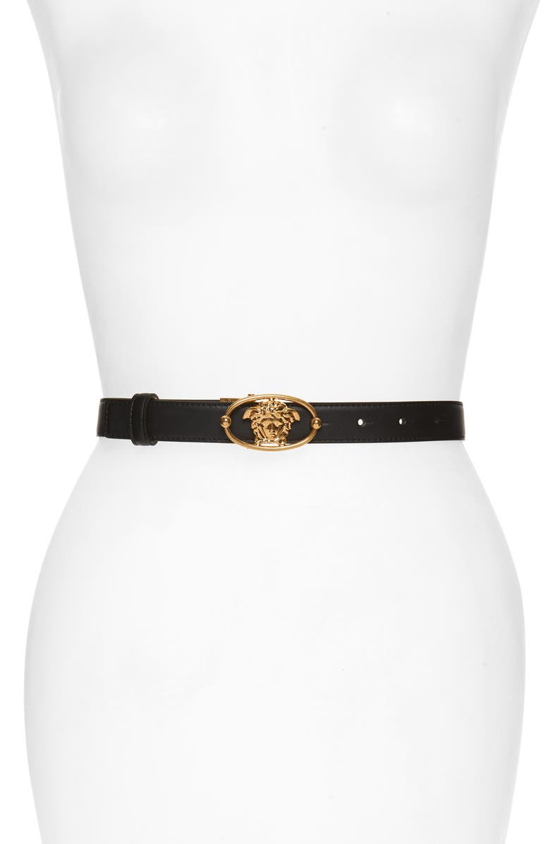 Versace Oval Medusa Head Buckle Leather Belt, Main, color,
