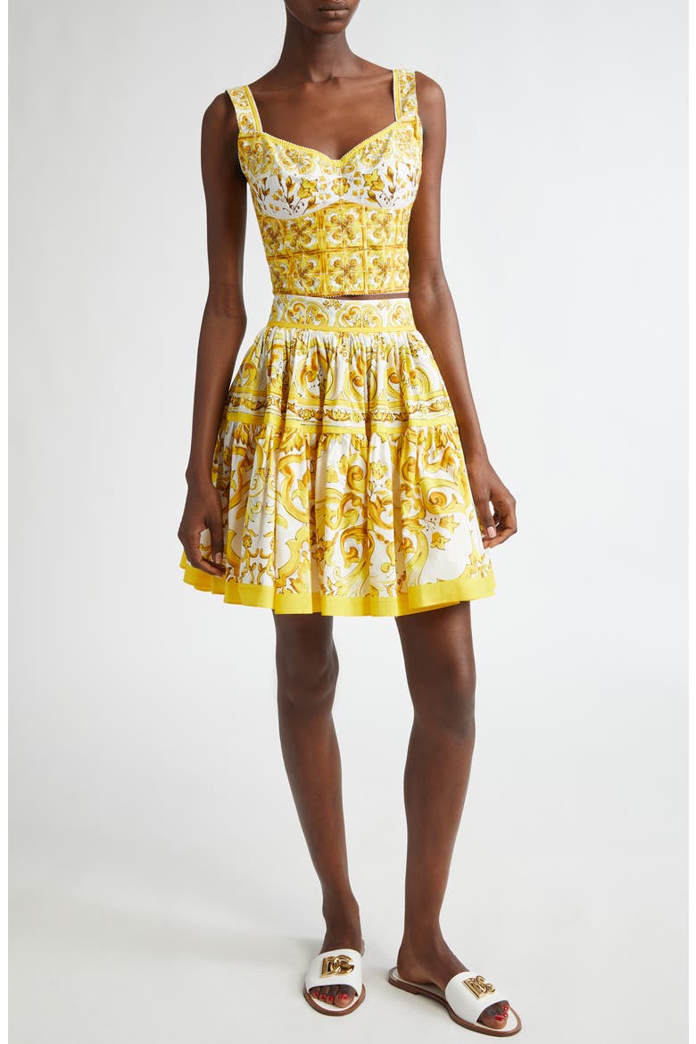 Tile Print Cotton Skater Skirt, Alternate, color, HG3TN MIX MAIOLICA GIALLO