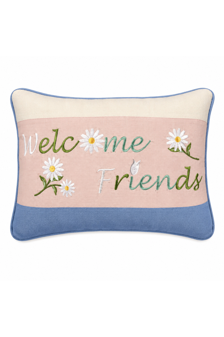 White Floral "Welcome Friends" Embroidered Mini Accent Pillow, 8" x 12", Main, color, Beige