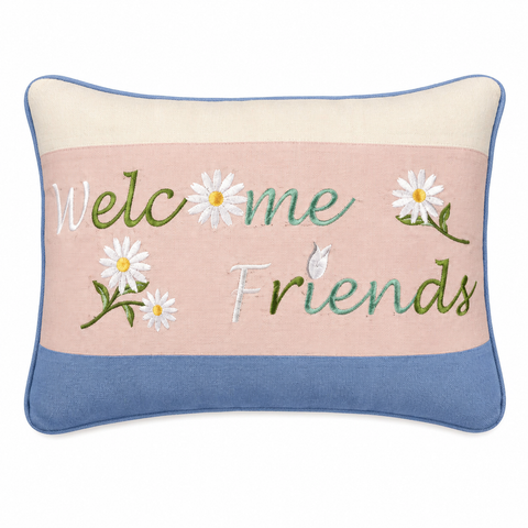 White Floral "Welcome Friends" Embroidered Mini Accent Pillow, 8" x 12"