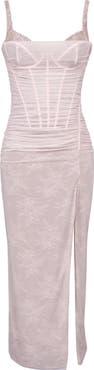 HOUSE OF CB Lini Ruched Lace Sleeveless Mesh Gown