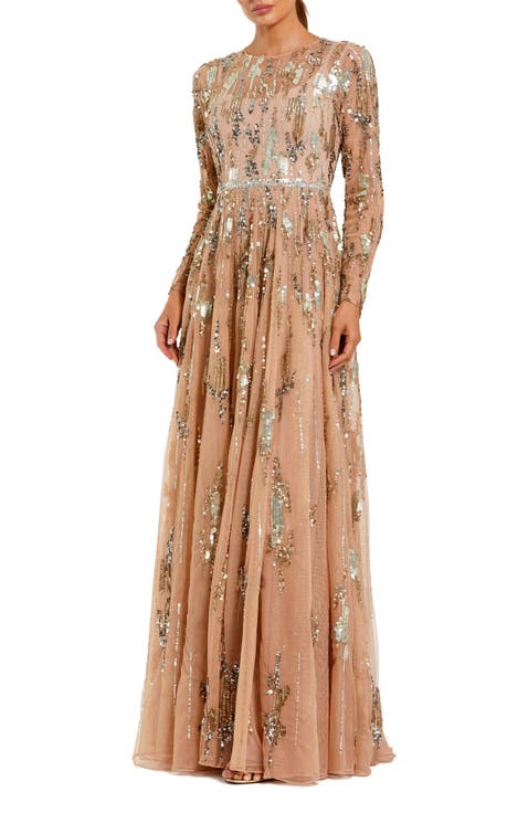 Women's Long Sleeve Mesh Embellished Evening Gown