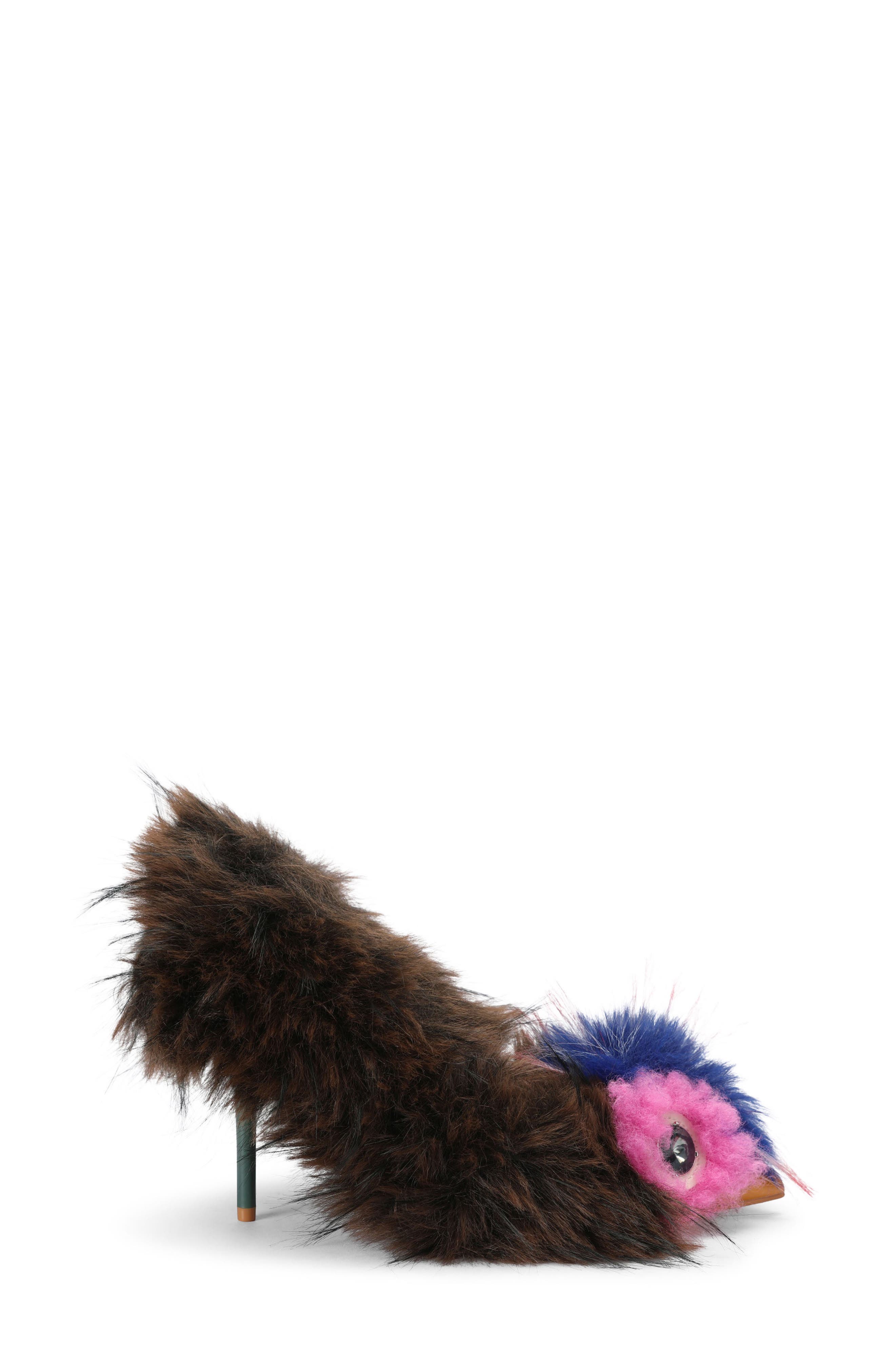 Mascot Faux Fur Pointed Toe Pump, Main, color, OPEN BROWN
