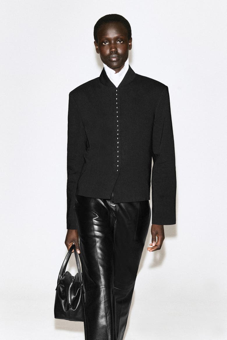 Stud-detail Cropped Linen Blazer, Alternate, color, BLACK