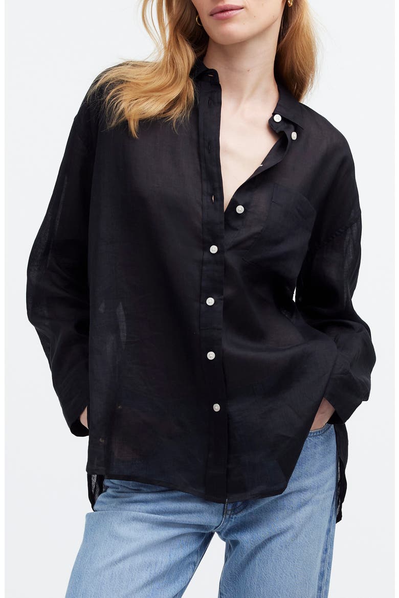 The Oversized Ramie Button-Up Shirt, Main, color, TRUE BLACK