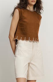 Veronica Beard Kessan Embroidered Crop Linen Top
