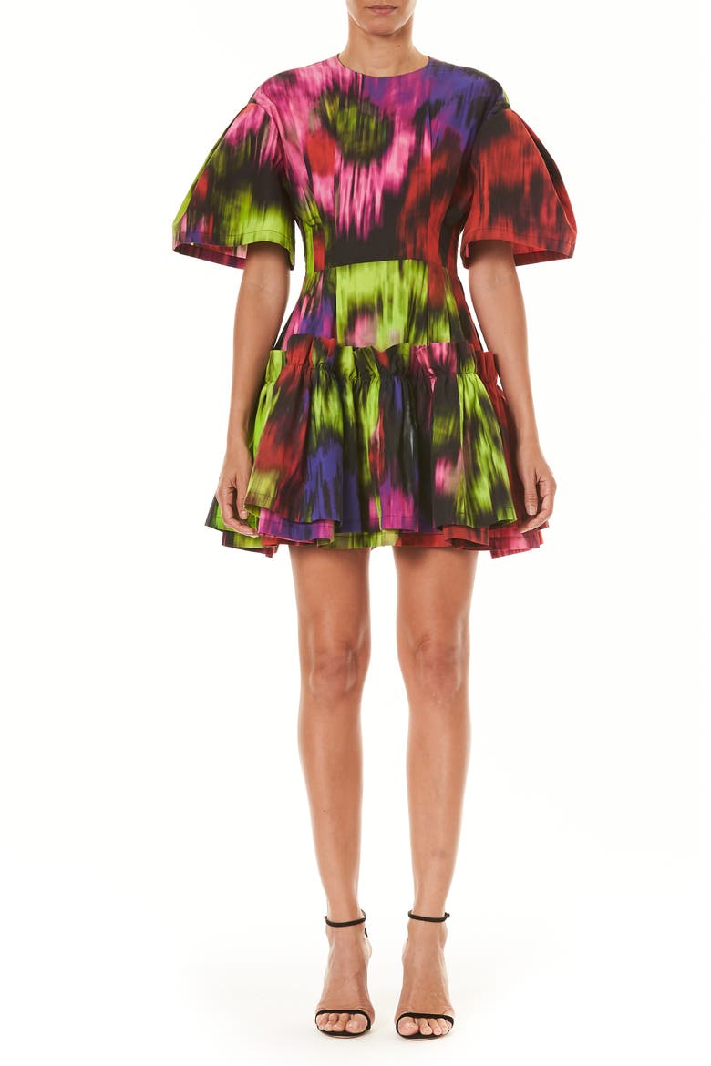 Floral Print Ruffle Hem Minidress, Main, color, BLACK MULTI