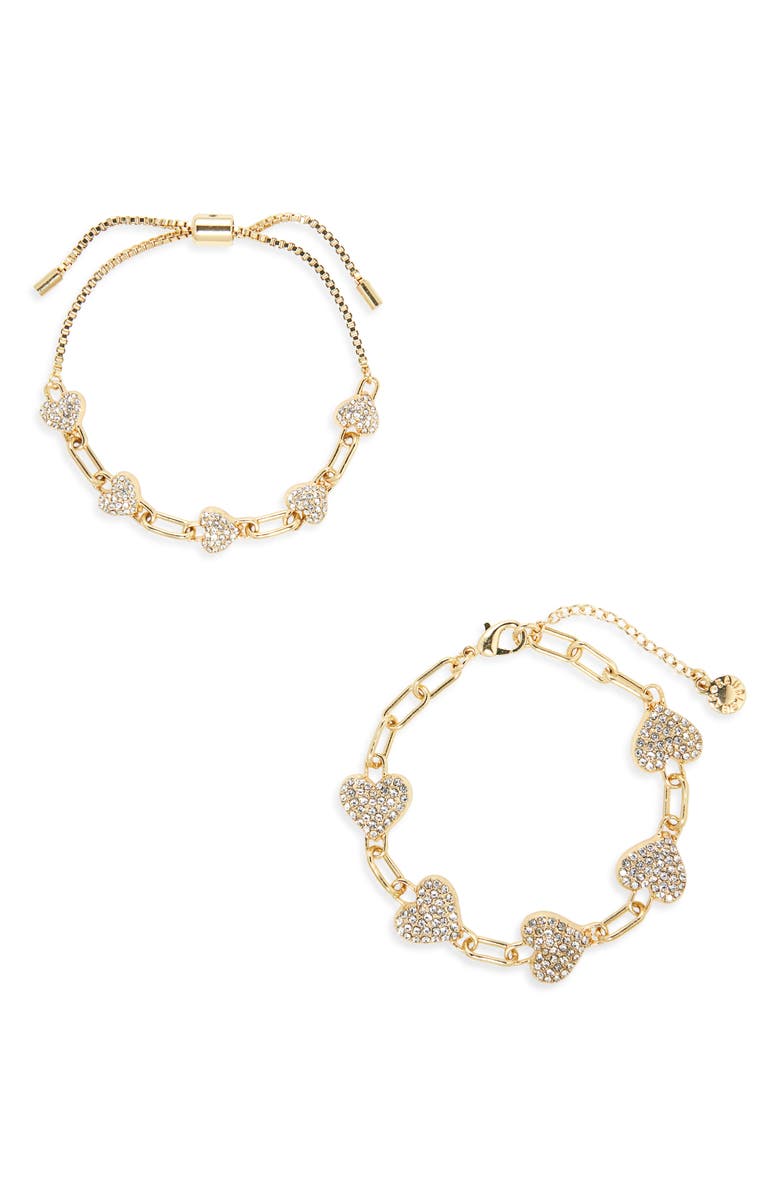 BaubleBar Match with Mama Set of 2 Heart Station Chain Bracelets, Alternate, color, Gold