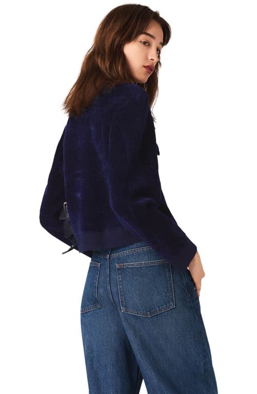 Maje Womens Navy Button-down Cropped Stretch-velvet Jacket In Blue