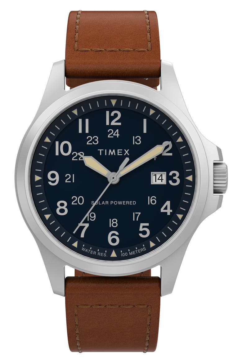 Expedition North Field Post Solar Leather Strap Watch, 41mm, Main, color, TAN