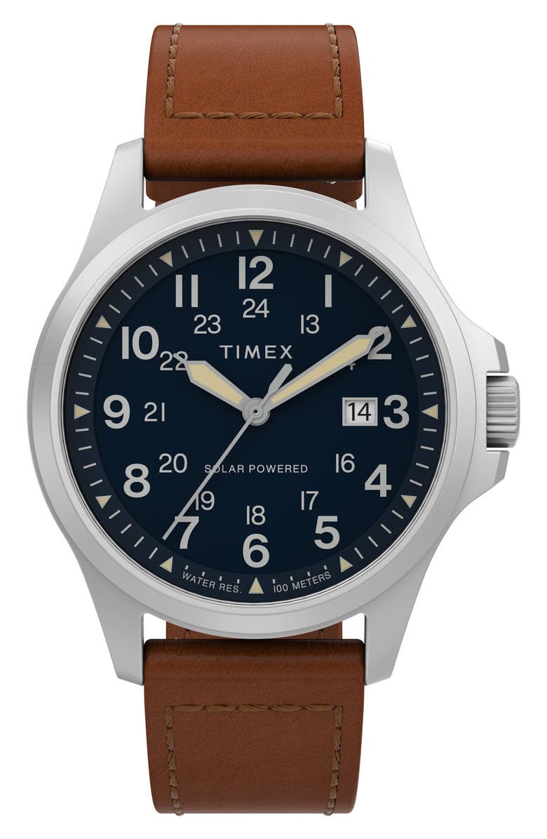 Timex<sup>®</sup> Expedition North Field Post Solar Leather Strap Watch, 41mm, Main, color, 
