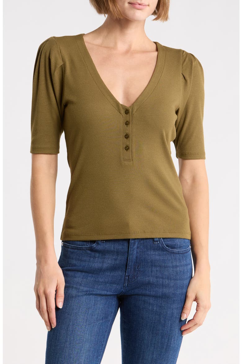Rib Ruched Short Sleeve Henley, Main, color, DARK OLIVE