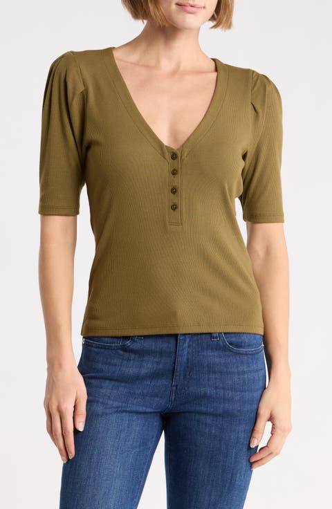 Rib Ruched Short Sleeve Henley