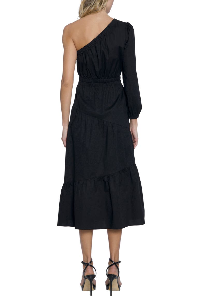 One-Shoulder Puff Sleeve Stretch Cotton Midi Dress, Alternate, color, BLACK