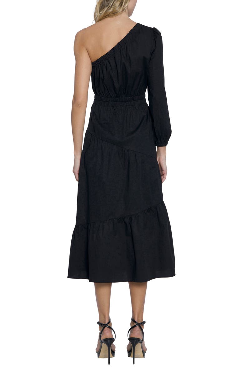 Donna Morgan One-Shoulder Puff Sleeve Stretch Cotton Midi Dress, Alternate, color, Black