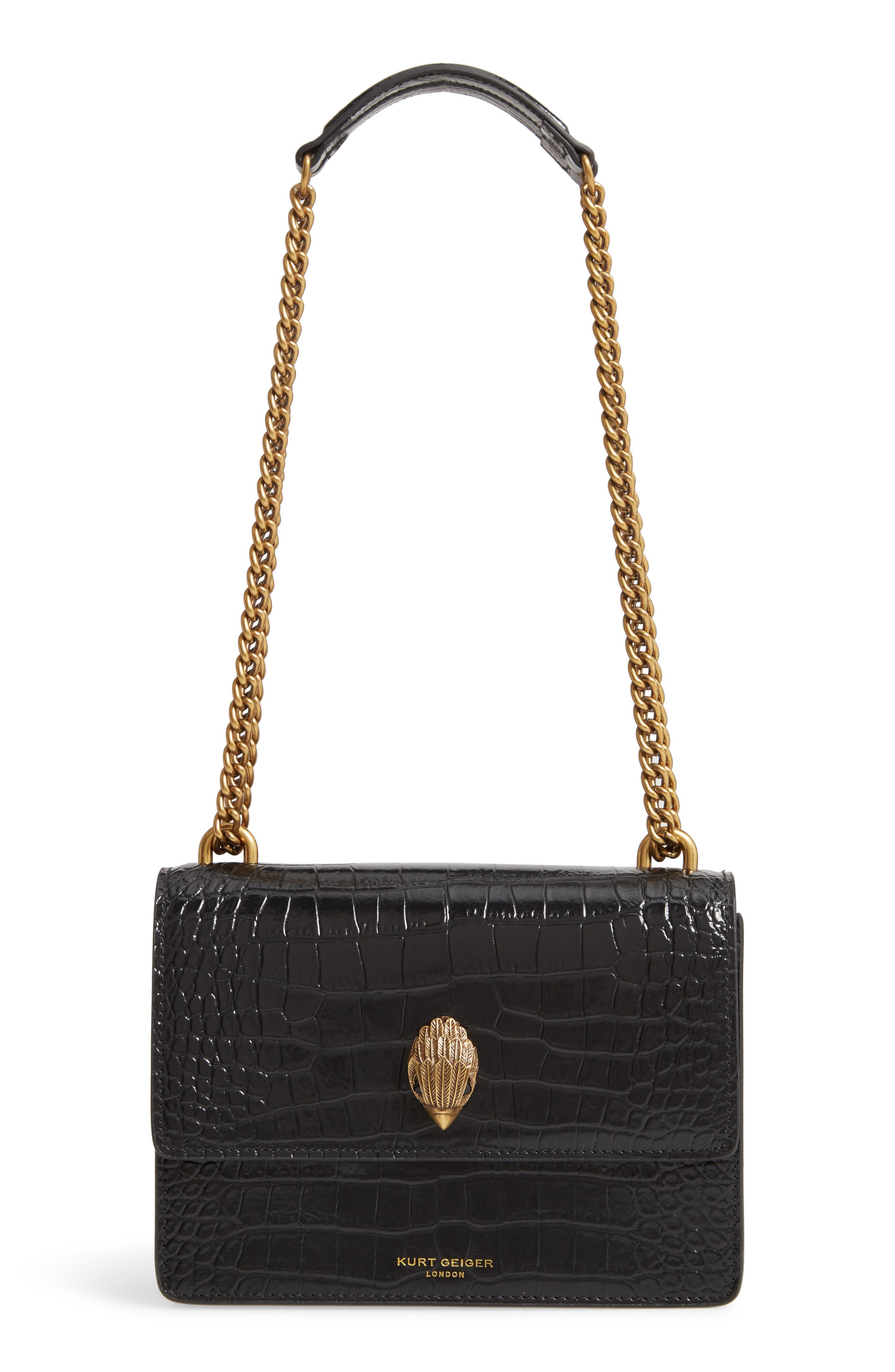 Kurt Geiger London Shoreditch Crocodile Embossed Leather Crossbody Bag, Main, color, Black