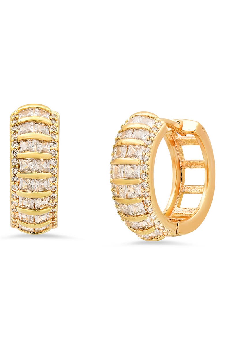 HMY JEWELRY Pavé & Baguette Cut Simulated Diamond Hoop Earrings, Main, color, Gold