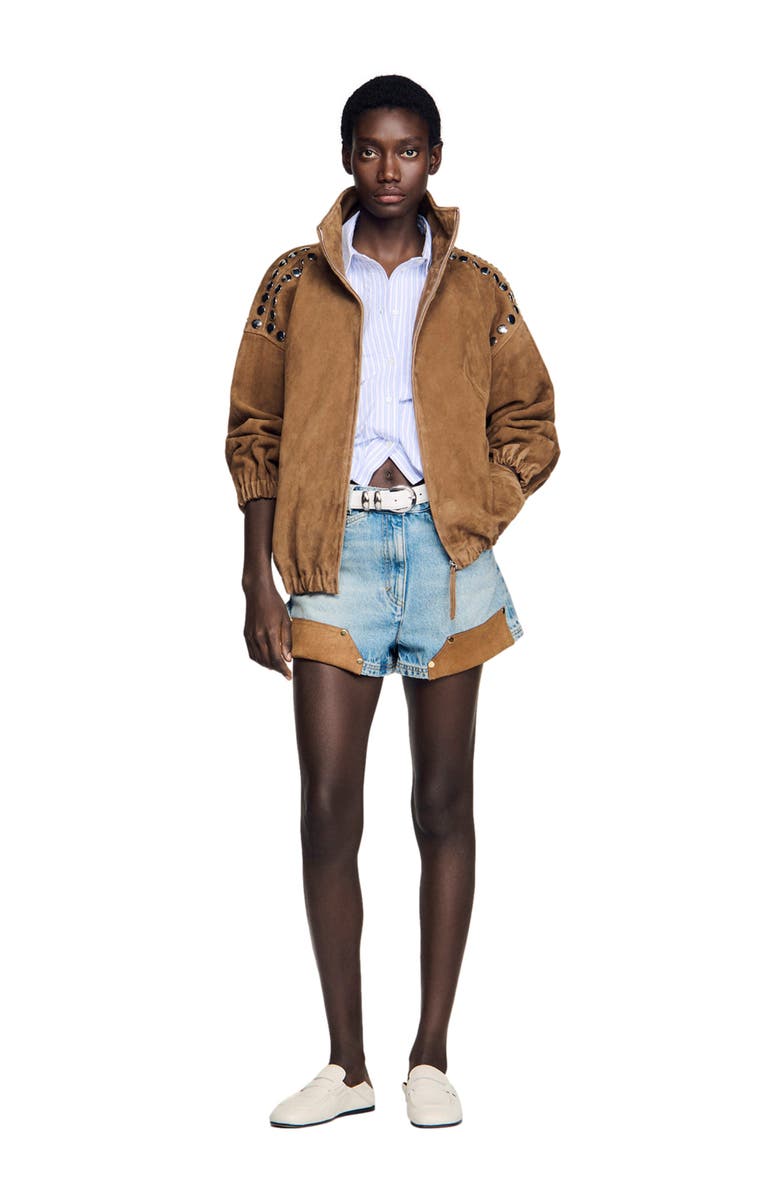 SANDRO Studded suede jacket, Alternate, color, Camel