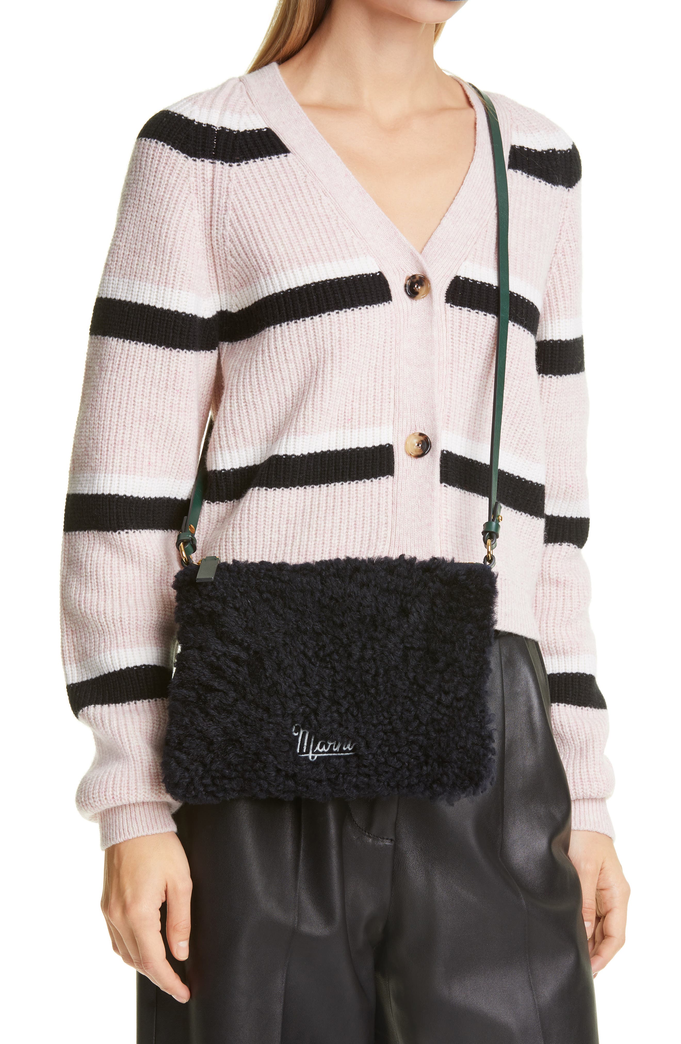 Marni Small Genuine Shearling & Leather Shoulder Bag, Alternate, color, 