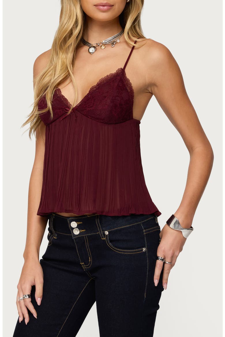 Rhian Lace Trim Pleated Babydoll Top, Alternate, color, BURGUNDY