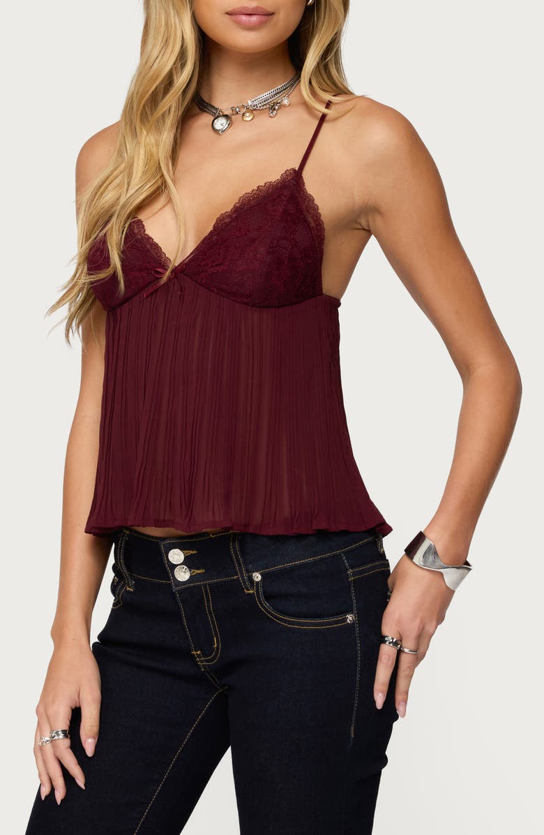 EDIKTED Rhian Lace Trim Pleated Babydoll Top, Alternate, color, Burgundy