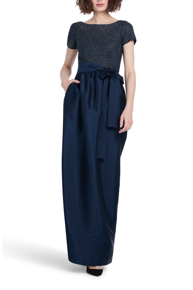Beaded Taffeta Gown, Alternate, color, NAVY