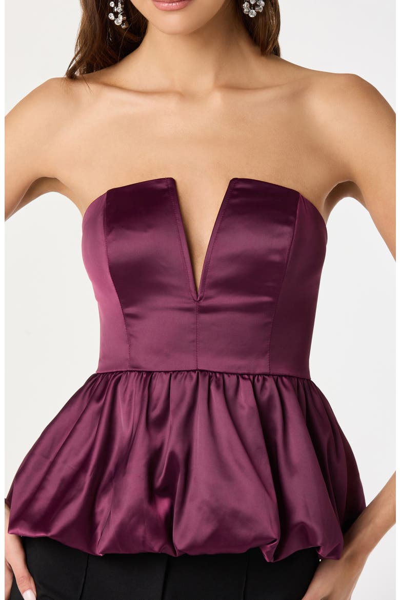 Satin Strapless Plunge Peplum Top, Alternate, color, WINE