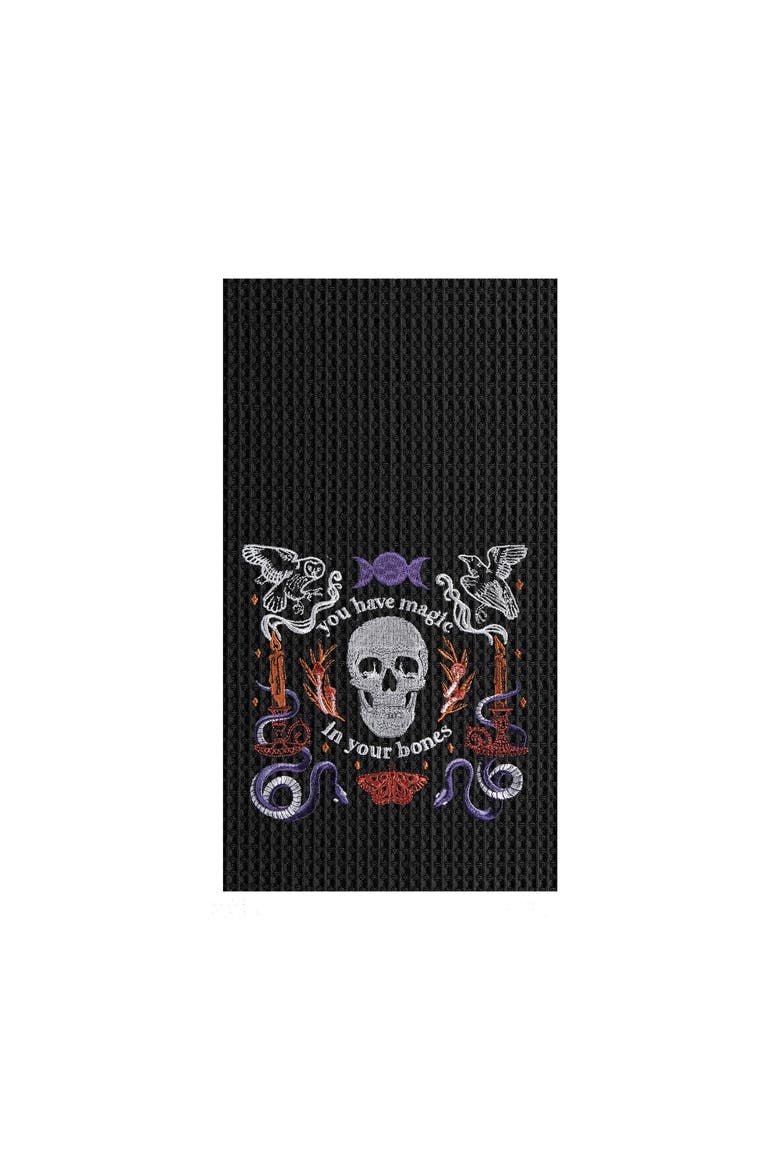 Magic In Your Bones Skull Halloween Embroidered Cotton Waffle Weave Kitchen Towel, Main, color, Black