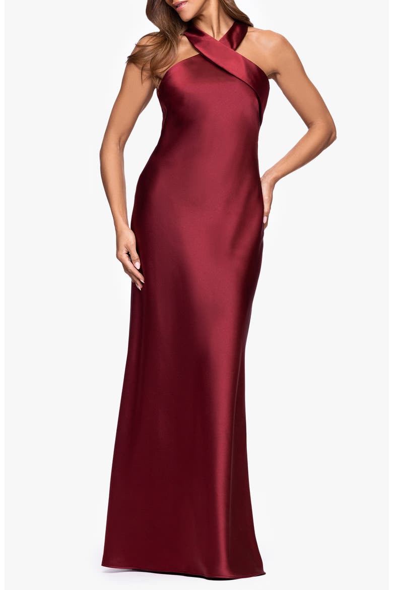 Halter Neck Satin Trumpet Gown, Main, color, WINE