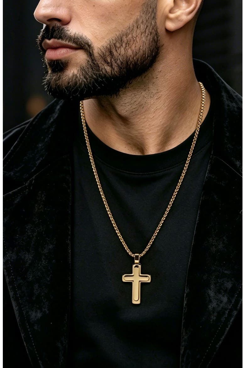 Men's Two Layer Cross Necklace, Alternate, color, GOLD