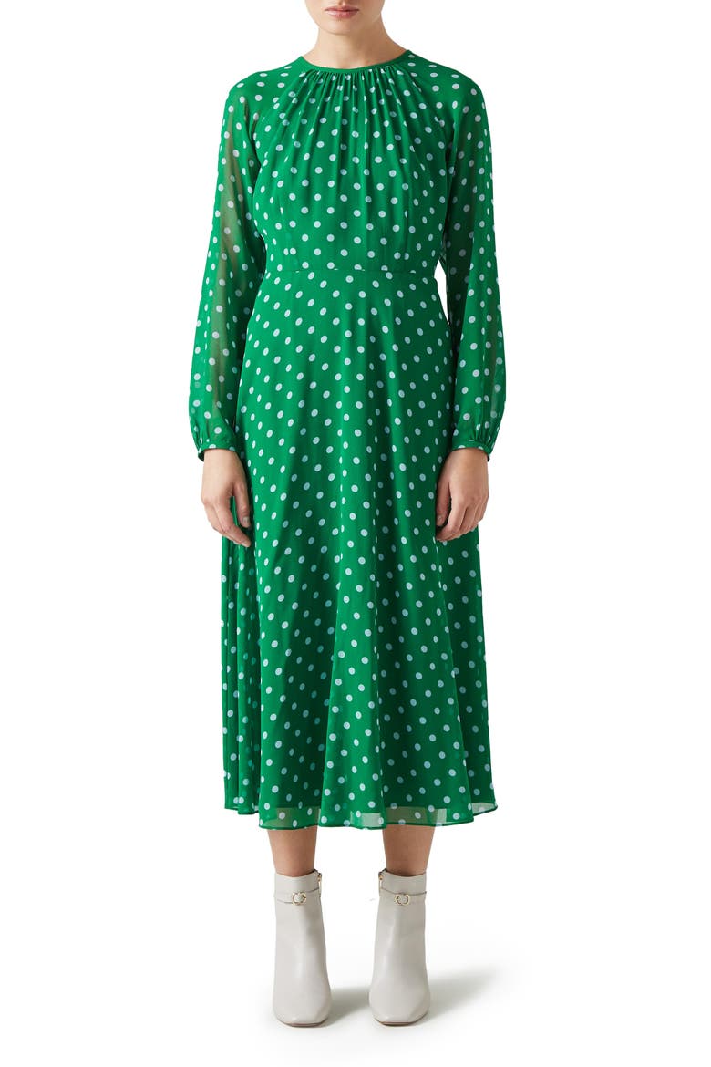 Addison Polka Dot Long Sleeve Midi Dress, Main, color, GREEN