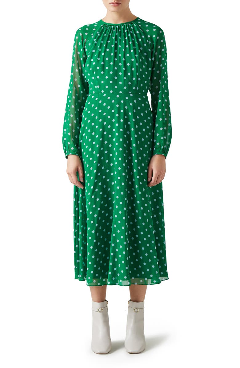 LK Bennett Addison Polka Dot Long Sleeve Midi Dress, Main, color, 