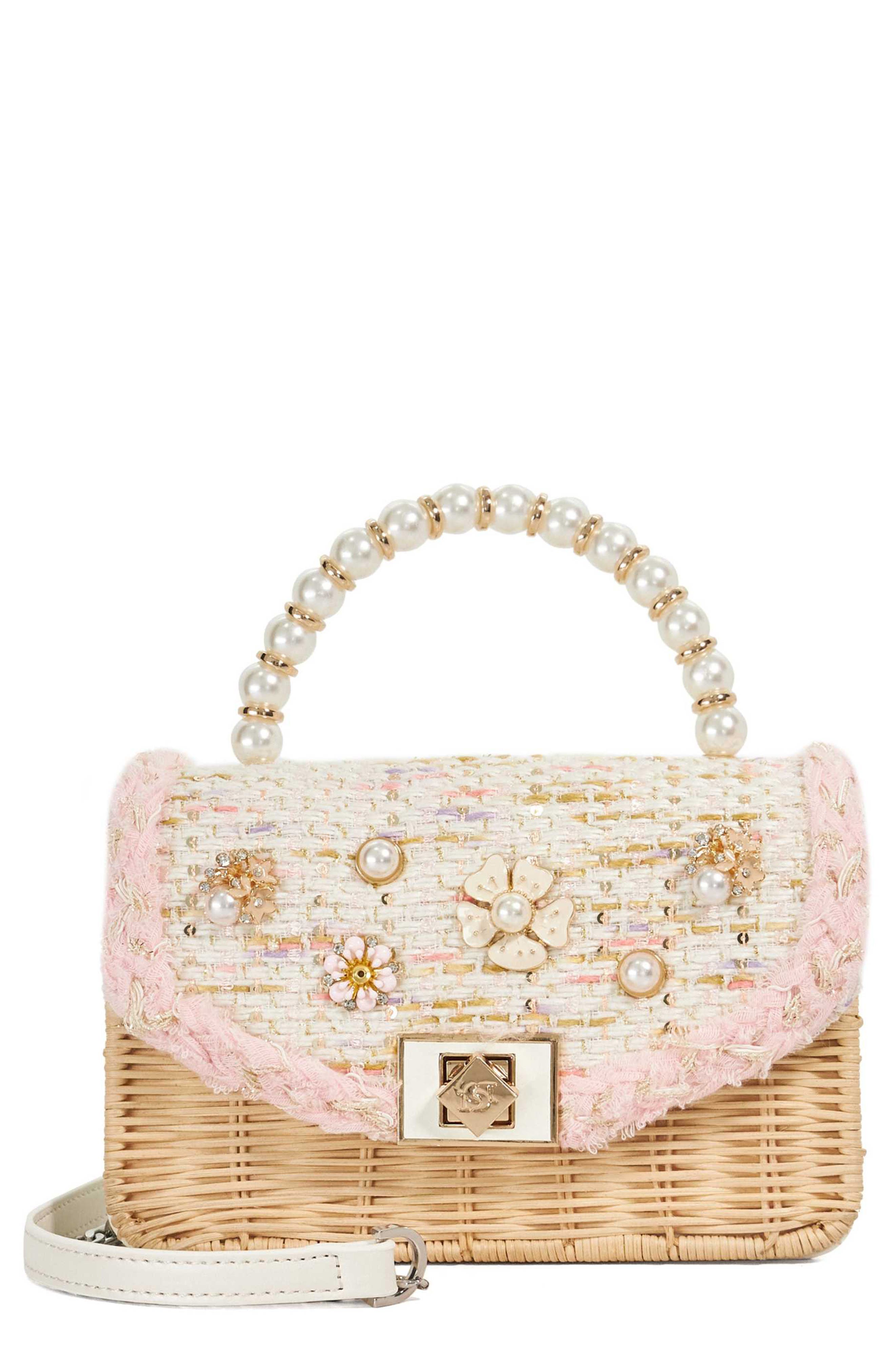 Dune London Blooms Woven Rattan Shoulder Bag, Main, color, Blush