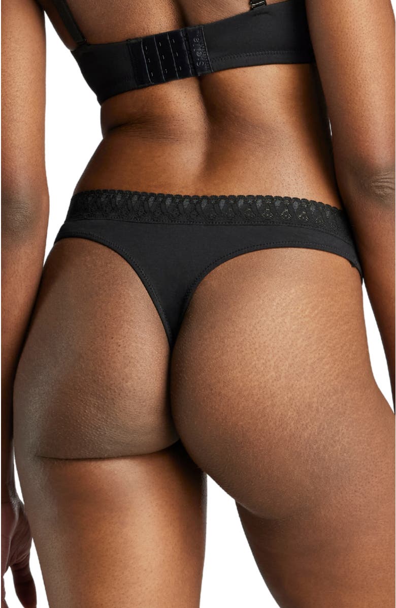 Siella Organic Cotton Lace Thong, Alternate, color, Black