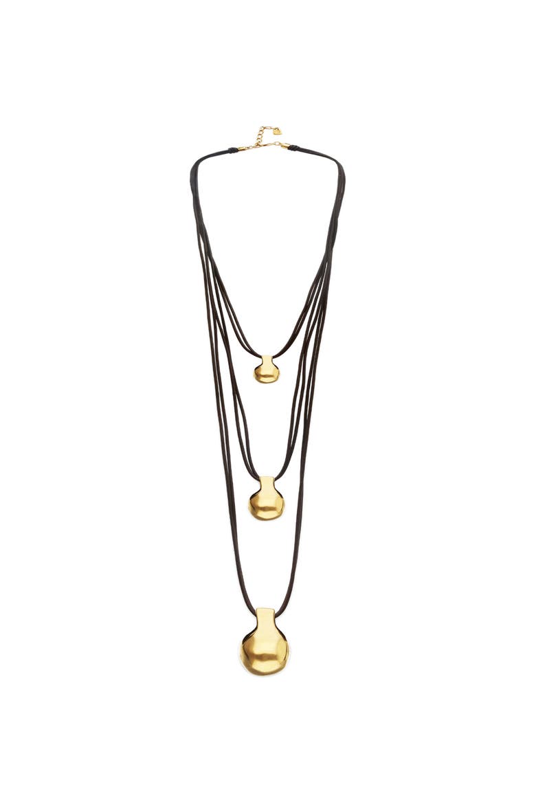Triple leather necklace with three 18k gold-plated dials, Alternate, color, Gold