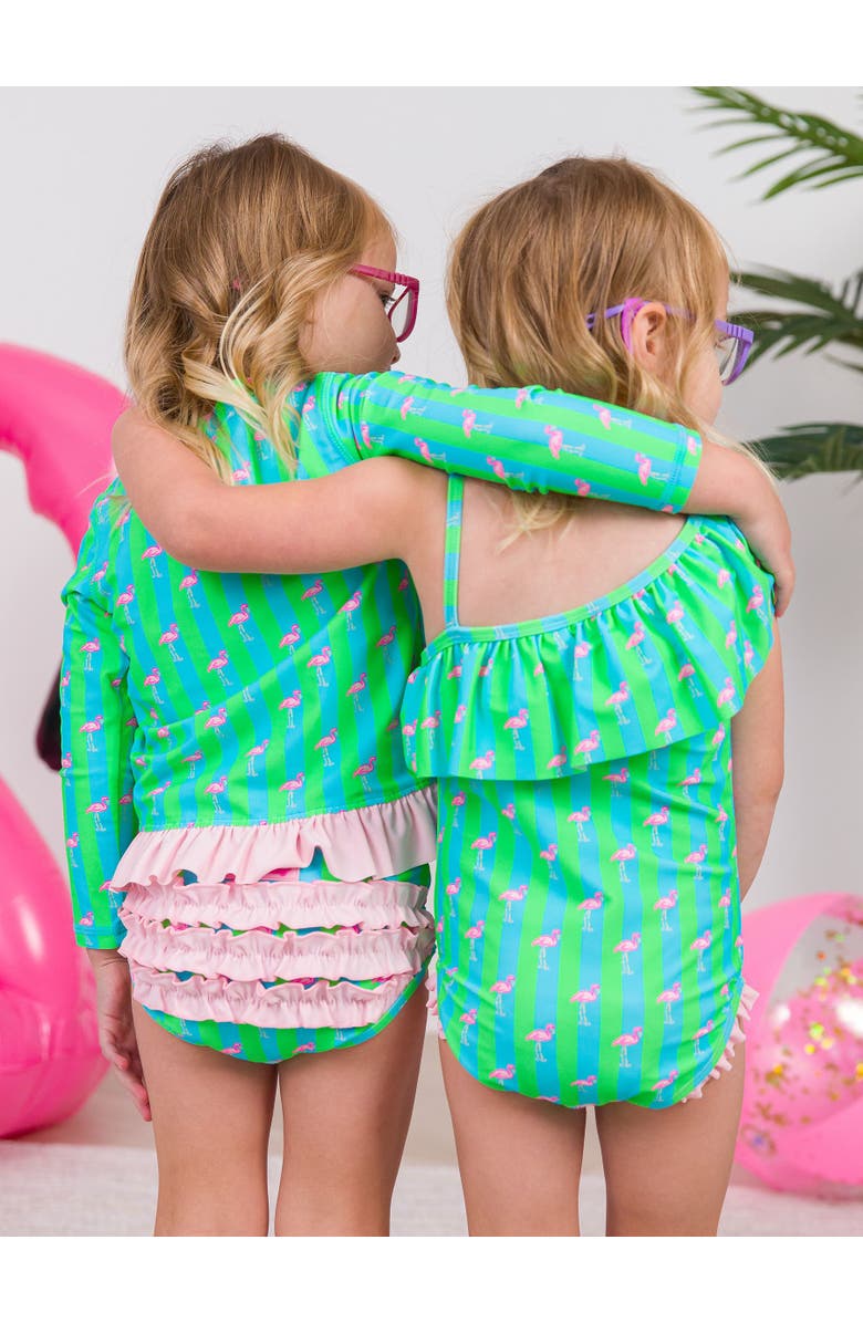 RuffleButts Toddler Girls UPF50+ Long Sleeve Rash Guard Bikini, Alternate, color, Neon Flamingo Stripe