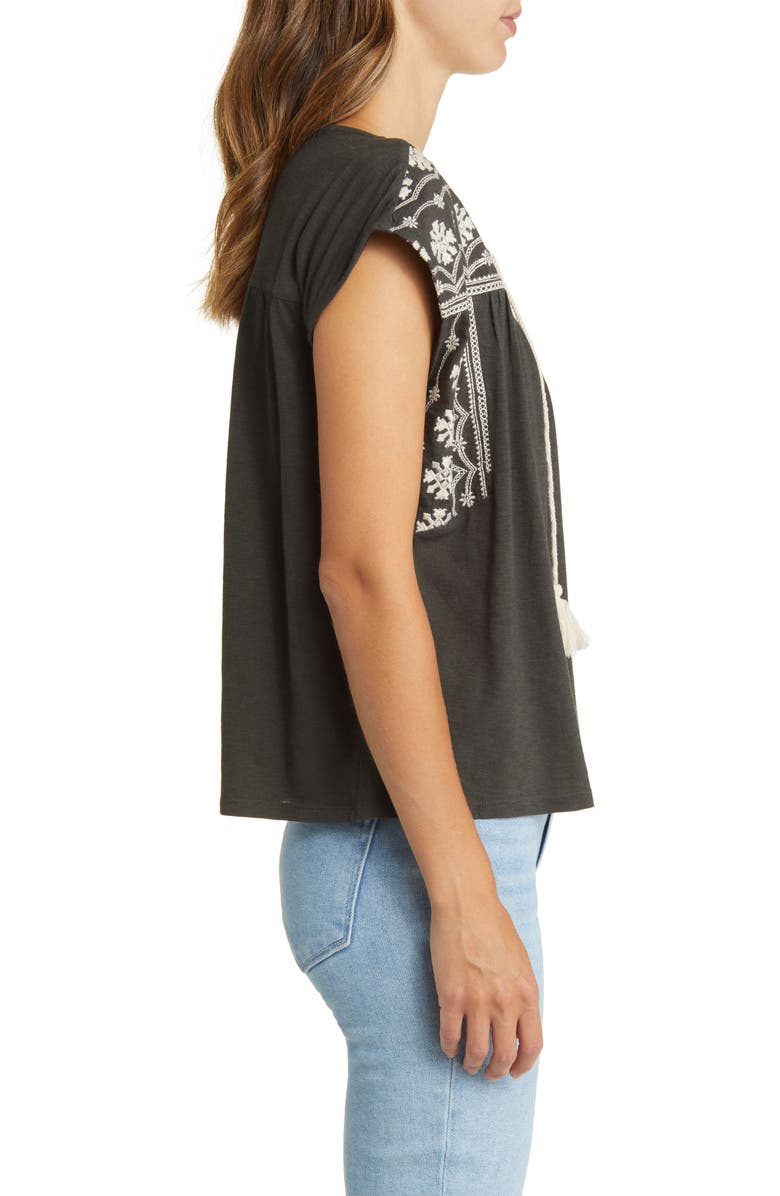 Lucky Brand Embroidered Cotton Blend Peasant Top, Alternate, color, Raven