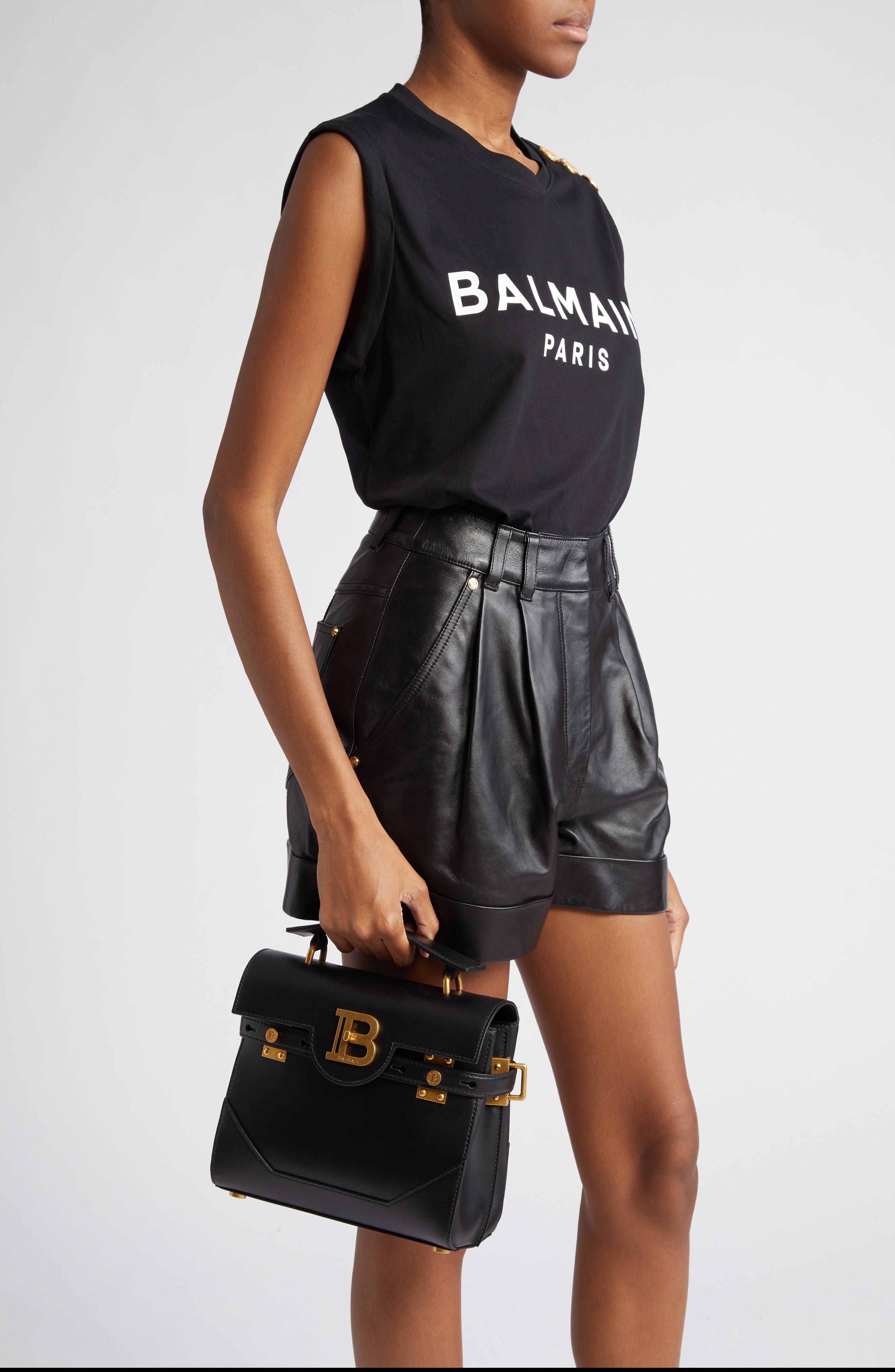 Balmain B-Buzz 23 Monogram Leather Top Handle Bag, Alternate, color, 0Pa Black