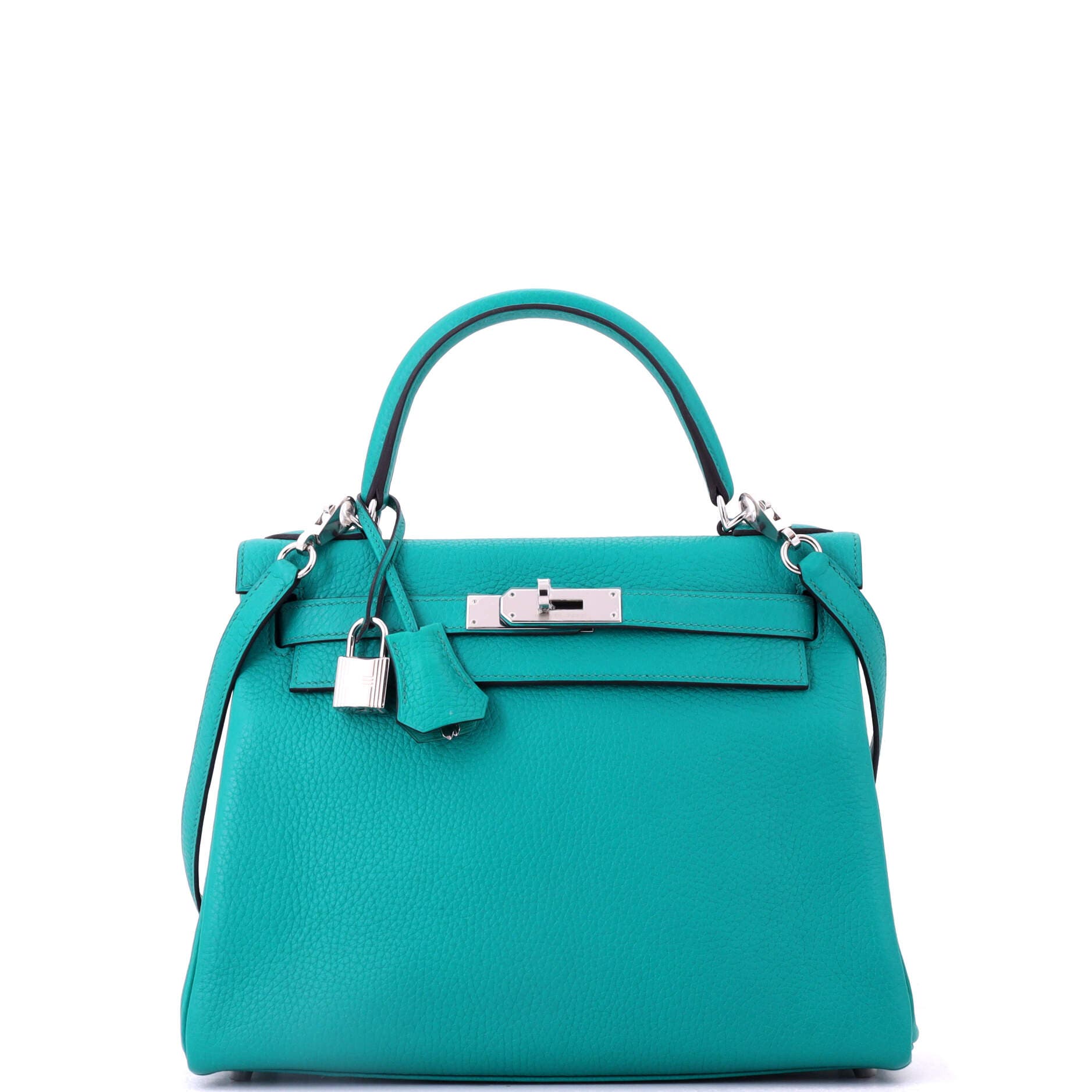 Pre-Owned Hermes Kelly Handbag Blue Clemence with Palladium Hardware 28, Main, color, Bleu Paon