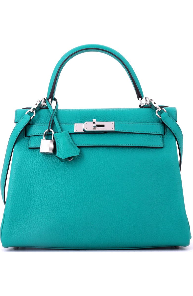 Pre-Owned Hermes Kelly Handbag Blue Clemence with Palladium Hardware 28, Main, color, Bleu Paon