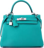 Pre-Owned Hermes Kelly Handbag Blue Clemence with Palladium Hardware 28