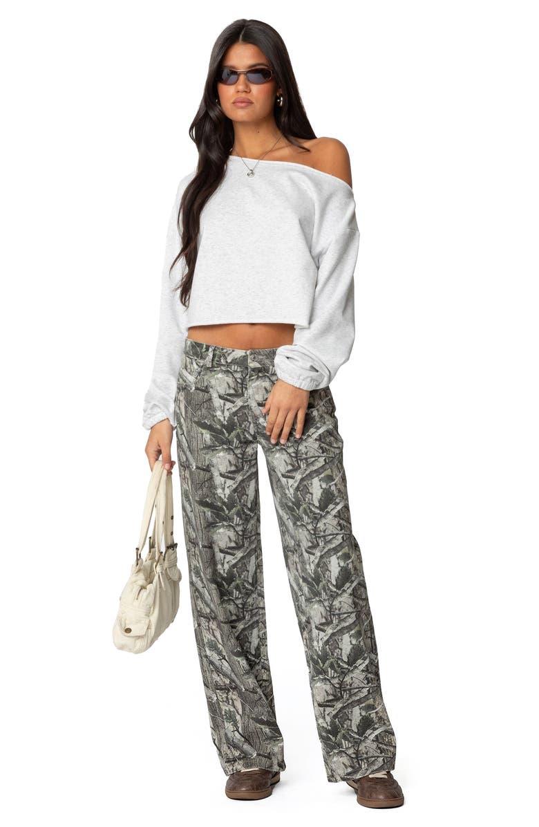 EDIKTED Camo Print Bow Pocket Low Rise Wide Leg Jeans, Alternate, color, Olive