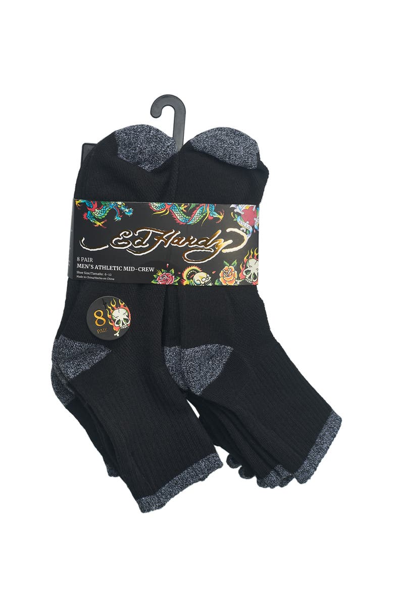 Ed Hardy Mens Basic Half Cushion Mid Crew Sock 8-Pack, Alternate, color, Black