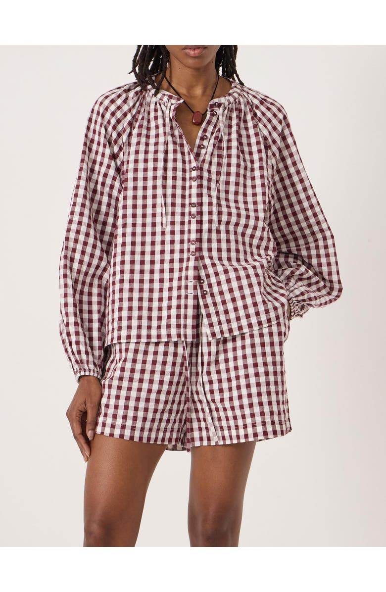 Hush Elsa Gathered Gingham Beach Shirt, Alternate, color, Maroon Red 
White
