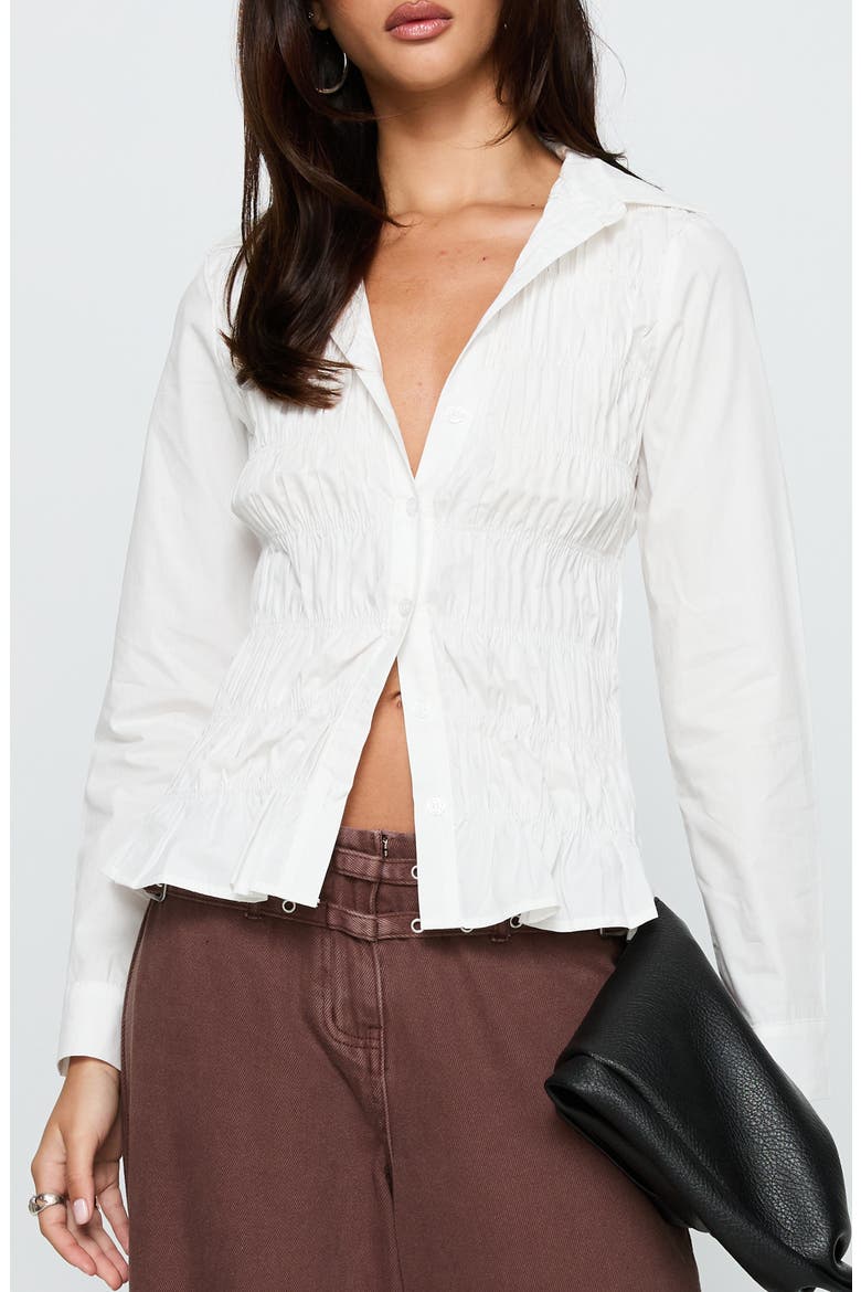 Cultivate Shirred Cotton Button-Up Shirt, Main, color, WHITE