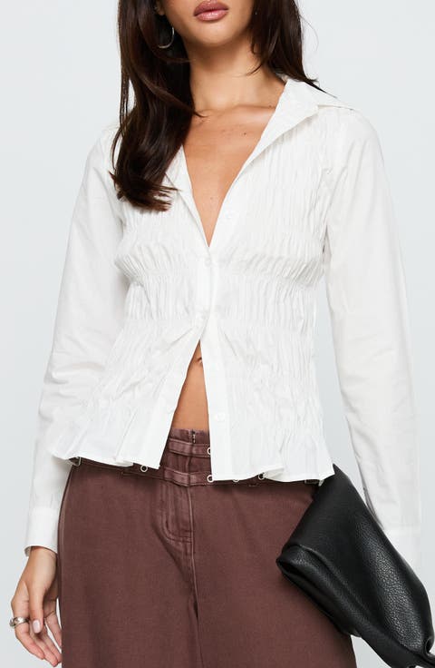Cultivate Shirred Cotton Button-Up Shirt